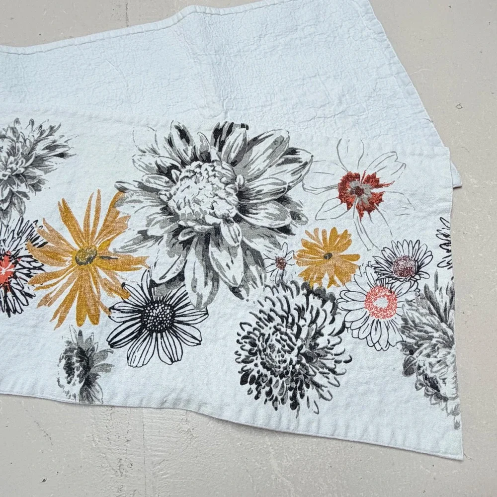 Rachel Zoe White Cotton Floral Table Runner Mustard Orange Grey 82 x 15 Inch